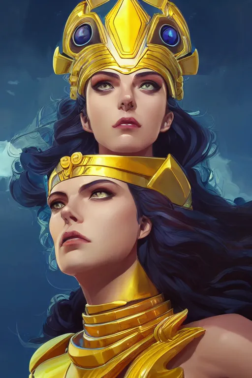 Prompt: The Godess Hera looking angry, detailed armor, portrait radiating a glowing aura, highly detailed, digital painting, artstation, concept art, smooth, sharp focus, beautiful face, symmetric face, enchanted, official fanart, behance, HD, blue and yellow theme, by Makoto Shinkai