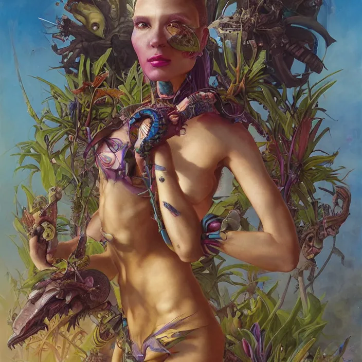 Image similar to a portrait photograph of a colorful tropical female alien. she wearing a tactical suit and has many body modifications. by tom bagshaw, donato giancola, hans holbein, walton ford, gaston bussiere, brian froud, peter mohrbacher and magali villeneuve. 8 k, fashion editorial, cgsociety