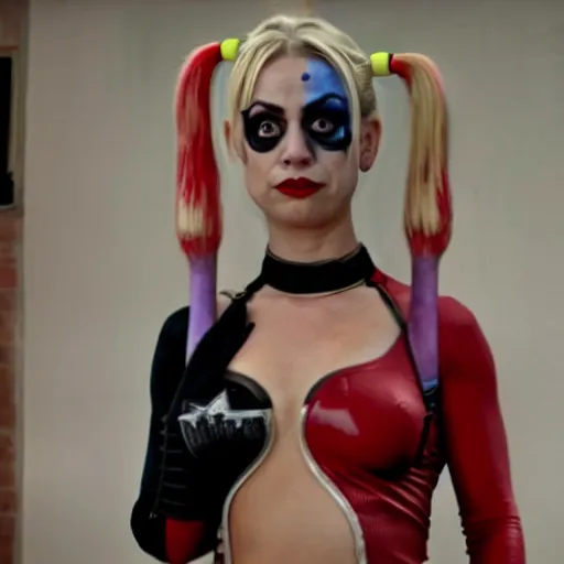 Image similar to A still of Kaley Cuoco as Harley Quinn, full-figure