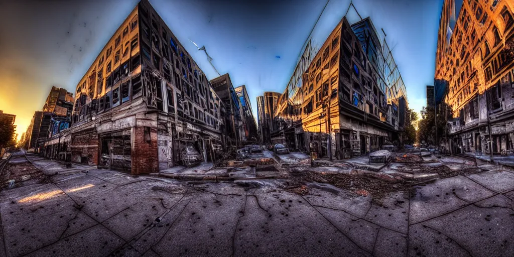 Prompt: urban decay, during golden hour, cinematic lighting, hyperdetailed crystalline masterpiece incrustations, volumetric, diffuse, real life landscape, aperture f. 8, 1 0 - 2 4 mm,