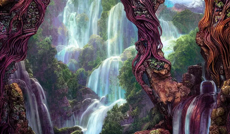 Image similar to innovative waterfall the ancient gods glitchcore landscape, Precise and Intricate Linework, Art Nouveau Cosmic 4k Detailed Matte Illustration trending on Flickr ,CGSociety, Crimson and Ecru color scheme, Pastiche by Albrecht Dürer, Pastiche by Don Maitz