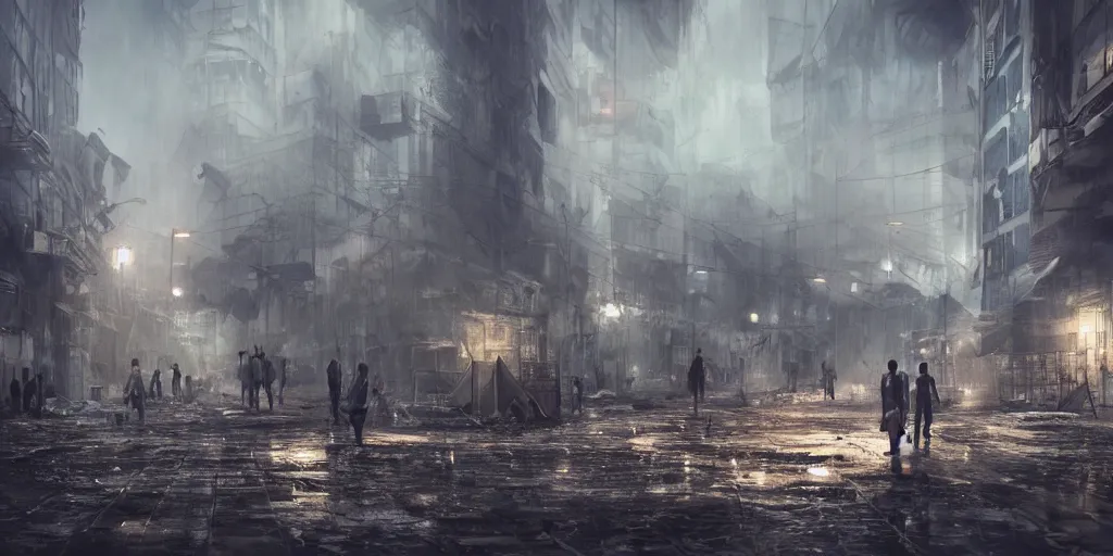 Image similar to dystopian city with endless refugees tents on different heights of huge ruined buildings, night lights, rain and haze, concept art, intricate, photorealistic, octane render, rtx, hdr, unreal engine