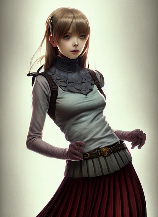 Image similar to portrait of a full body of beautiful young female detective, d & d, sleeveless turtleneck, pleated skirt, fantasy, flat lighting, intricate, highly detailed, digital painting, artstation, concept art, smooth, sharp focus, illustration, misa amane, art by simon bisley and greg rutkowski and alphonse mucha, natural tpose