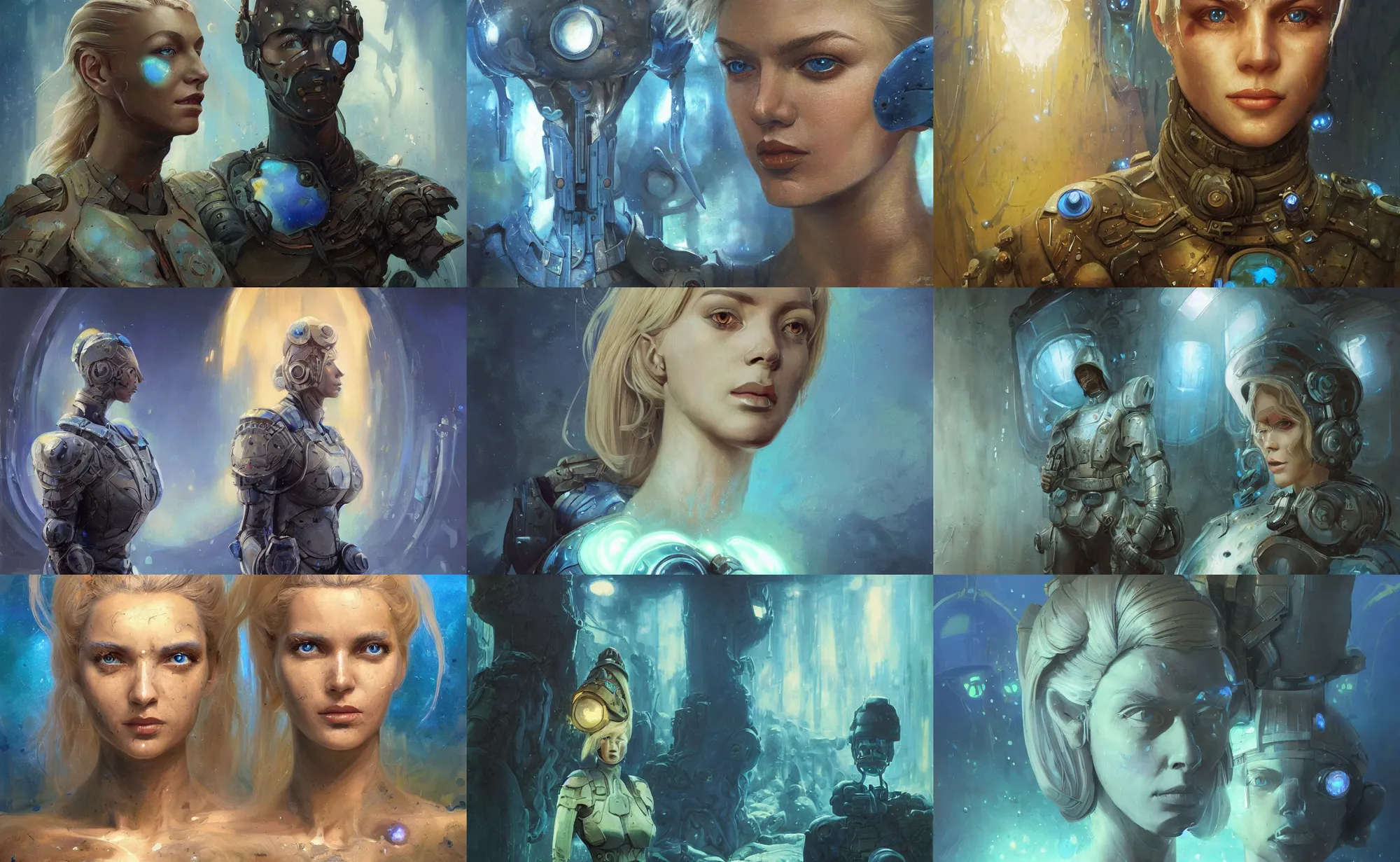 Prompt: A mixed media portrait painting of a beautiful blonde woman, soldier, futuristic sci-fi armor, glowing blue mushrooms in mire, detailed Aesthetic! face and eyes, slavic, by Beeple, Frank Frazetta, Greg Rutkowski, Christian MacNevin, Boris Vallejo, epic fantasy character art, high fantasy, CGsociety, 60's Sci-fi Pinup, exquisite detail, post-processing, masterpiece, cinematic, crysis