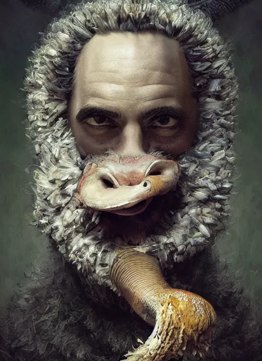 Prompt: a hyper detailed painting of an anthropomorphic joaquin phoenix as the king of animals, cow horns, pig nose, sheep wool, chicken feathers, horror, by anna podedworna, by miklos ligeti, by diego maricato, by taran fiddler, by antonino truisi, by chris reddie, on artstation