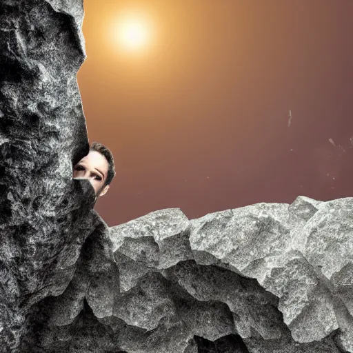 Prompt: man stuck in hole in rock face, psychological horror