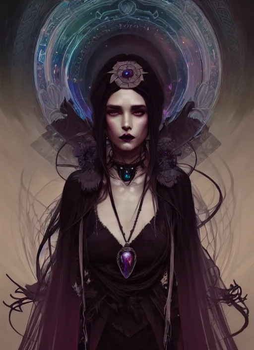 Image similar to a beautiful cinematic Necromancer Sorceress goddess of death, fantasy magic, undercut hairstyle, dark light night, intricate, elegant, sharp focus, illustration, highly detailed, digital painting, concept art, matte, art by WLOP and Artgerm and Greg Rutkowski and Alphonse Mucha, masterpiece