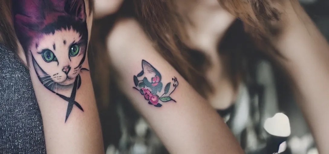 Image similar to a beautiful cat girl with tattoo photorealism bokeh