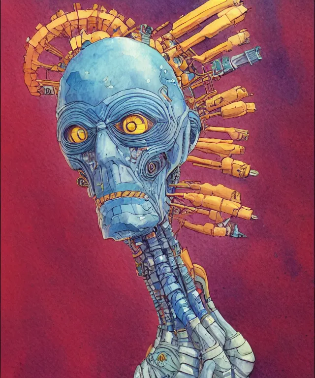 Image similar to a watercolor painting character portrait of a machine mutant in the style of jean giraud in the style of moebius trending on artstation deviantart pinterest detailed realistic hd 8 k high resolution