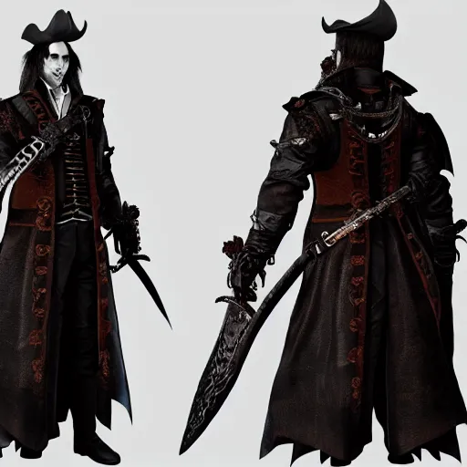 Image similar to Full body profile of Male Victorian Gothic Pirate Genshin Impact character, hd, intricate, bloodborne, 8k, digital art