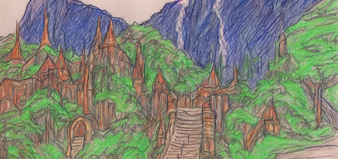 Image similar to Rivendell poorly drawn in crayon by a five-year old