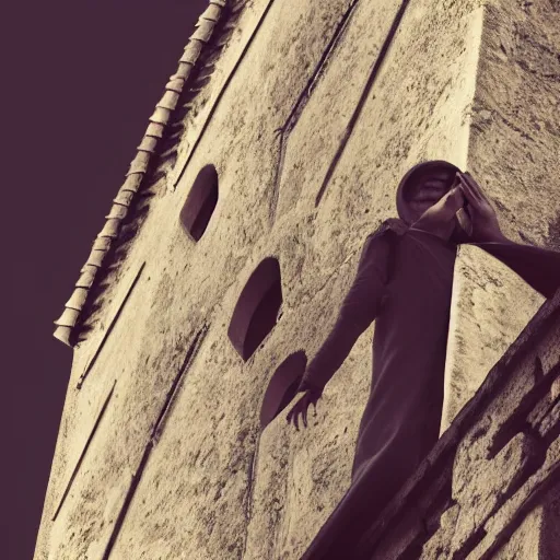 Image similar to Close-up of a terrified young catholic priest at the top of a medieval tower watching in fear as an ominous yellow shadow descends upon him from the night sky. He is fervently praying but his eyes are wide open with fear. Low angle angle, dramatic lighting. Award-winning digital art, trending on ArtStation