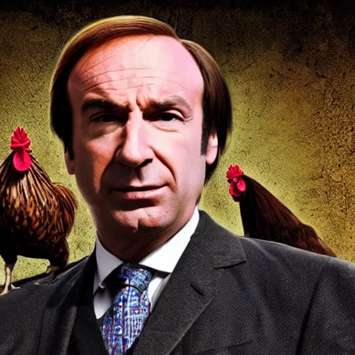 Image similar to saul goodman and a rooster in a torture chamber, horror torture background, saul goodman, rooster, real life photo