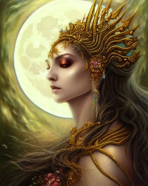 Prompt: portrait of a beautiful moon goddess, enigmatic beauty, esoteric, other worldly colors, head in focus, fantasy art, ornamental aesthetics, intricate, elegant, highly detailed, hyperrealistic painting, artstation, concept art, painterly, sharp focus, illustration, art by lois royo