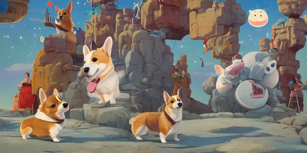 Image similar to Painting scene of corgi as jesus blessing humans, by Goro Fujita, tristan eaton, Tom Bagshaw, Hayao Miyazaki, trending on Artstation, 8k, masterpiece, graffiti paint, fine detail, full of color, intricate detail, corgi, fantasy painting