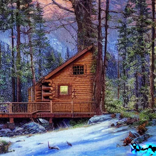 Prompt: a cabin in the woods by james gurney