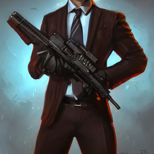 Image similar to portrait of an agent in a suit armed with a kriss vector, D&D, fantasy, elegant, hopeful, muscular, highly detailed, digital painting, artstation, concept art, smooth, sharp focus, illustration