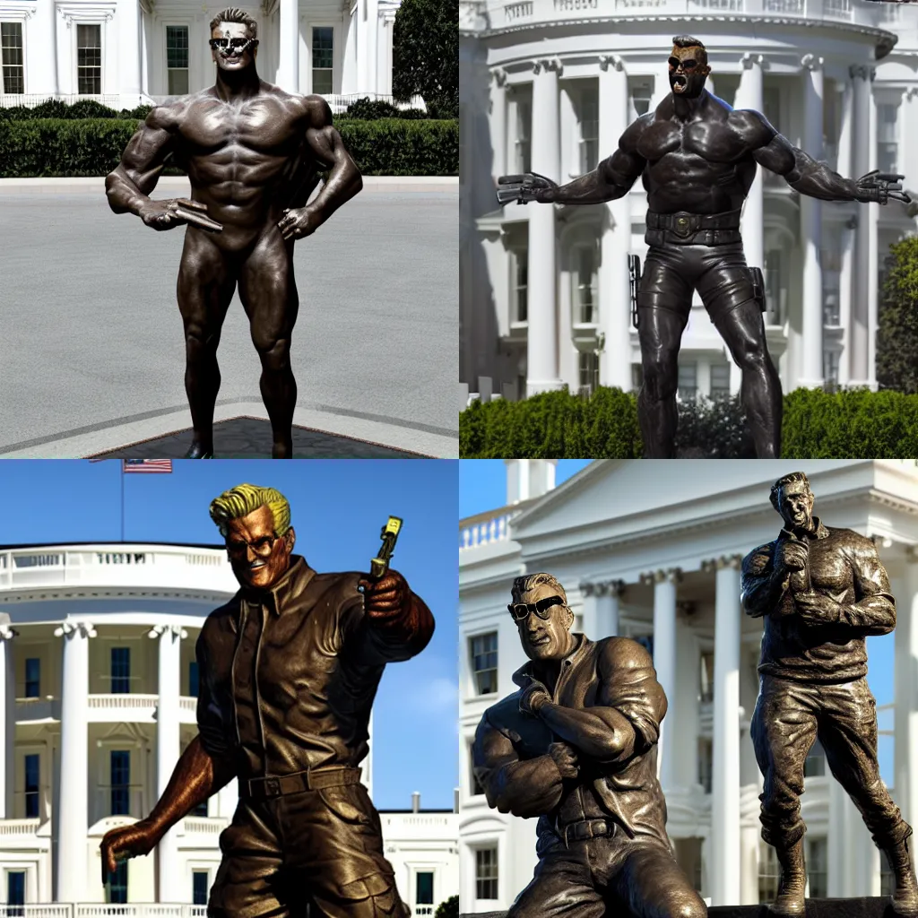 Prompt: bronze statue of Duke Nukem in front of the white house, photo 4k