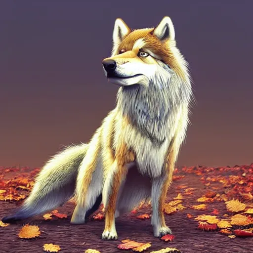 Image similar to professional stylized full - body digital art of a side profile of a tibetan wolf, tan and brown fur, fluffy, falling leaves, hd, 8 k, highly detailed, high quality, cute