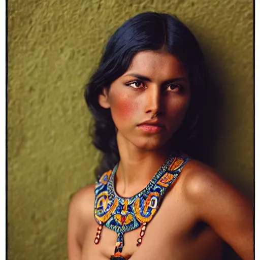 Image similar to vintage portrait of a stunningly beautiful aztec female, dark eyes, dark hair, olive skin, depth of field, zeiss lens, detailed, symmetrical, centered, fashion photoshoot, by edward s curtis, Annie Leibovitz and Steve McCurry, David Lazar, Jimmy Nelsson, Breathtaking, 8k resolution, extremely detailed, beautiful, establishing shot, artistic, hyperrealistic, beautiful face, octane render