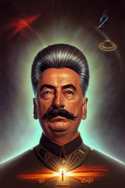 Image similar to a portrait of intergalactic joseph stalin, grim - lighting, high - contrast, intricate, elegant, highly detailed, centered, digital painting, artstation, concept art, smooth, sharp focus, illustration, artgerm, tomasz alen kopera, peter mohrbacher, donato giancola, joseph christian leyendecker, wlop, boris vallejo