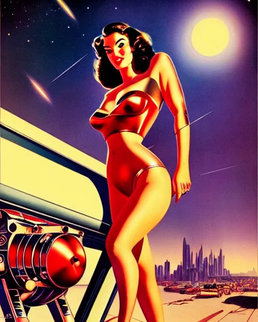 Image similar to closeup beautiful retro space megan fox posing with a chrome robot in diesel punk city at night, pinup, windblown dark hair, seductive, hyper detailed, digital art, smooth, sharp focus, gil elvgren, anna dittmann alberto vargas, 1 9 5 0, when mars attacks
