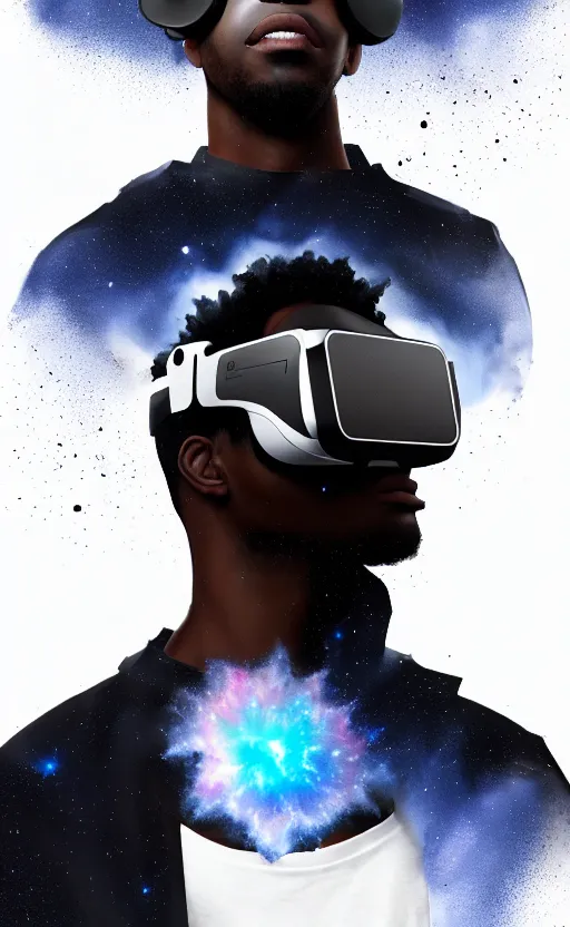 Image similar to handsome black genius hacking the metaverse, vr headset, white t - shirt and jordans, flying through spacetime, exploding nebulae, highly detailed, digital painting, artstation, concept art, smooth, sharp focus, illustration, art by wlop, mars ravelo and greg rutkowski