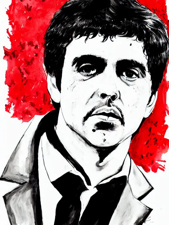 Image similar to headshot portrait. tony montana from movie scarface. perfect face, fine details., 4 k, red and black ink paint