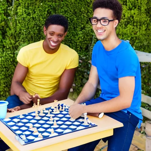 Image similar to two young guys are sitting at a table, playing chess. One is wearing a yellow tanktop and is smiling. The other has a white shirt and looks angry. The sky is blue with a Mediterranean background. Foto