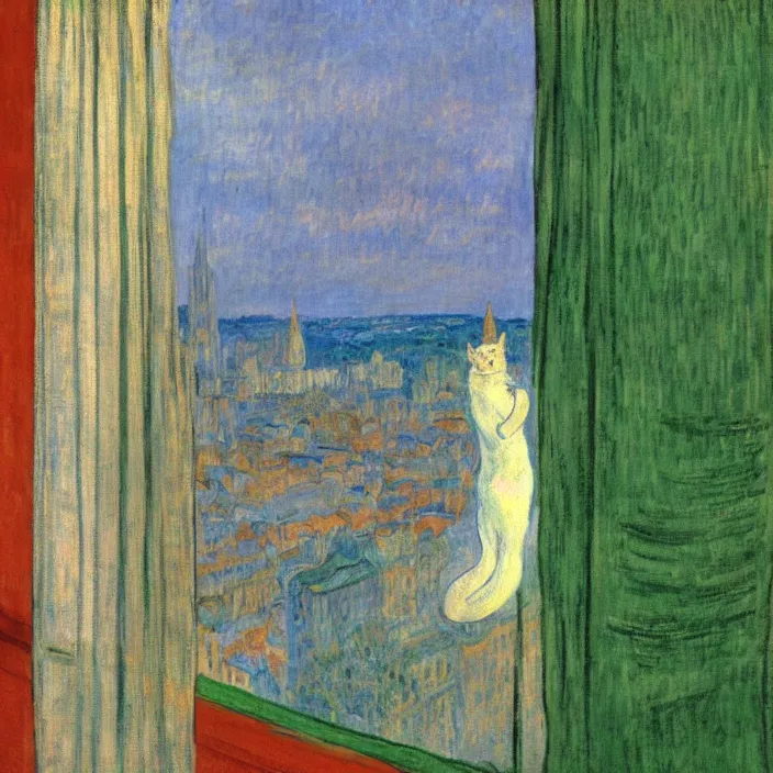 Image similar to woman in green dress with city with cathedral seen from a window frame at sunset. fuzzy white cat. monet, henri de toulouse - lautrec, utamaro, matisse, felix vallotton