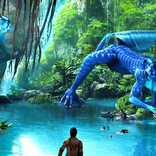 Prompt: scene from the movie Avatar 2: Way of Water set on the planet Pandora, na'vi in shot