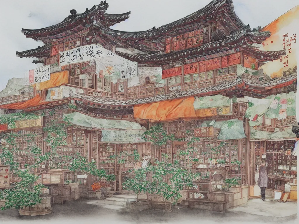 Image similar to a beautifully and highly detailed watercolor of a south korean tea shop, by me kyeoung lee,