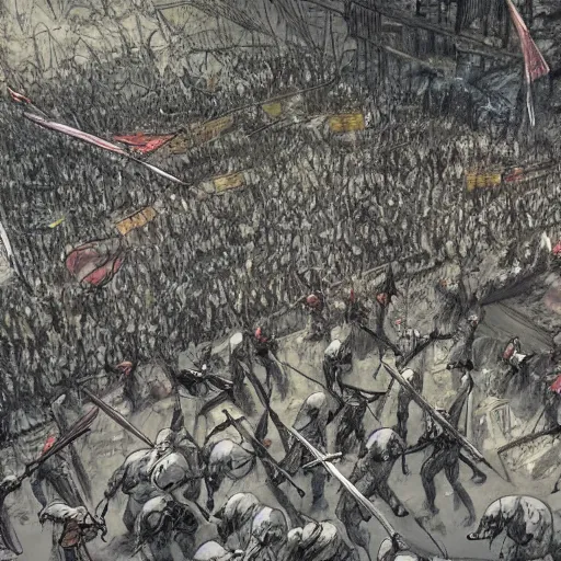 Image similar to one hero with sword looking at army of swordsmen in the background by yoji shinkawa, in the middle of an arena, crowd of people, pencil art, added detail, high definiton, colored, aerial view