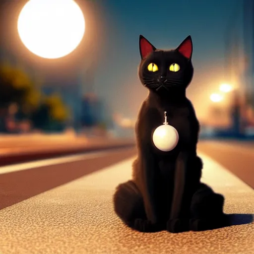 Prompt: the most beautiful black cat ever seen with big eyes in the middle of the street at mid night with the moon in the sky. Award winning. Unreal 5. Realistic. Highly detailed. Artstation. Professional photographer.