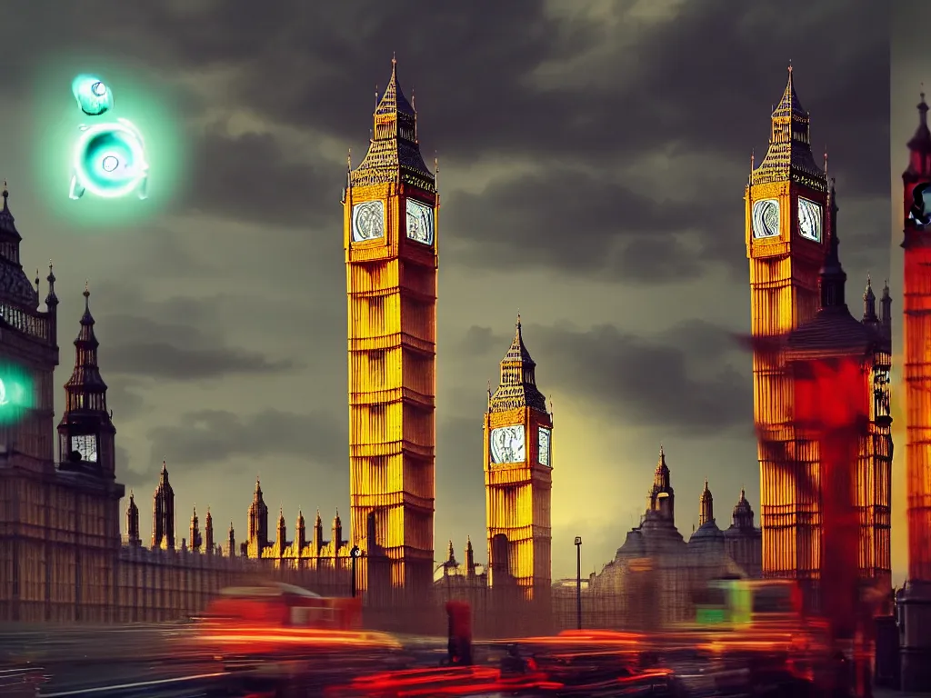 Image similar to an ancient beautiful cyborg of the elder gods in the city of London, a giant beautiful cyborg with glowing eyes in London with Big Ben in the background, westminster, colourful, dramatic lighting, golden hour, very detailed octane render very realistic beautiful