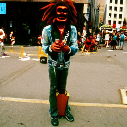 Prompt: Xavier renegade angel 1980s street performer, shot on 35mm film