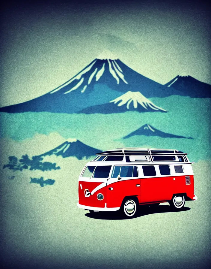 Image similar to front view vw camper touring rural japan, a collage painting, in the style of wes anderson, lola dupre, david hockney, isolated on negative white space background dark monochrome fluorescent spraypaint accents volumetric octane render, no double figure