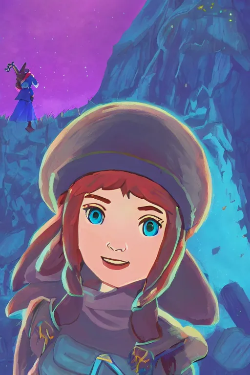 Prompt: an in game portrait of madeline from celeste in the legend of zelda breath of the wild, breath of the wild art style.