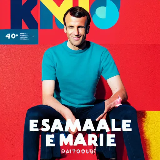 Prompt: colorful Cover of Emmanuel Macron magazine, white borders, 50mm photography, high quality, 4K