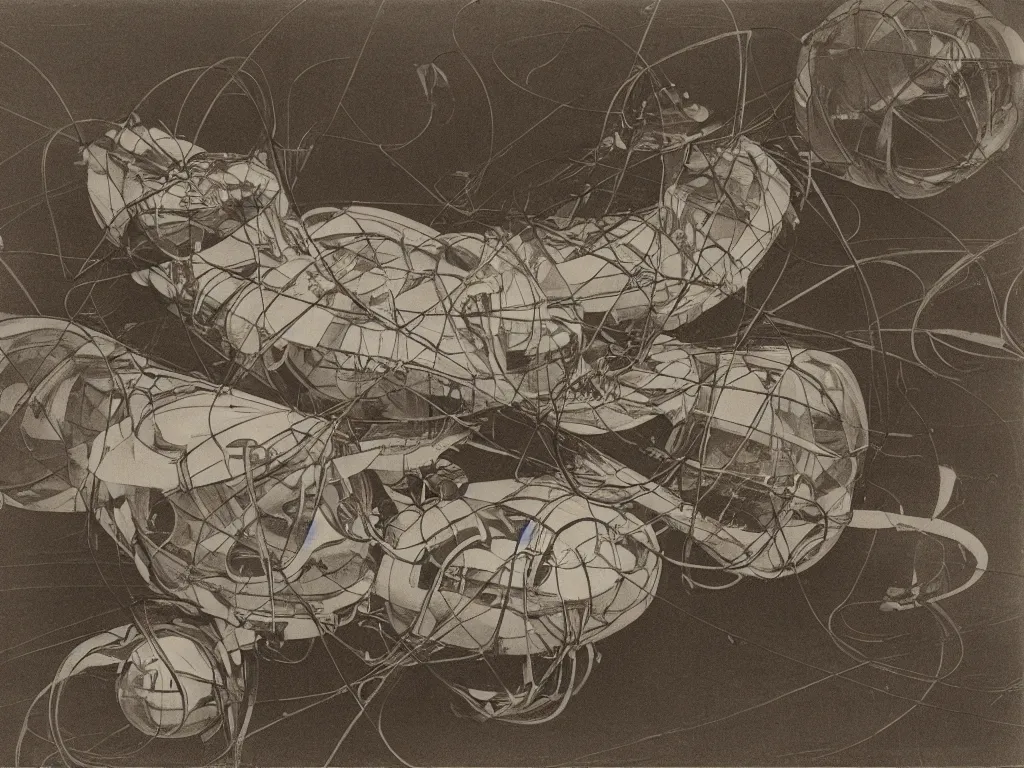 Prompt: study of tied dream bot mothership over the taiga. artwork by hans bellmer