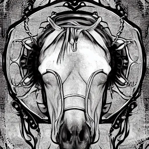 Prompt: a photo of horse with human face, gothic style, skulls are lying underneath