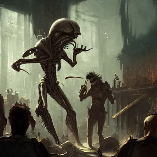 Image similar to An insectoid alien walks into a crowded, rowdy pirate tavern, fantasy art by Greg Rutkowski