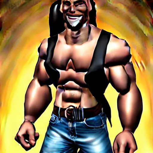 Image similar to muscular man with a ponytail wearing a vest, black vest open with no shirt underneath, cargo pants, ammo belt, holding a blaster, long black hair in a ponytail, five o' clock shadow, comic book art, realistic art, chiseled jaw, gritty