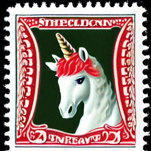 Image similar to A red and white postage stamp featuring a unicorn