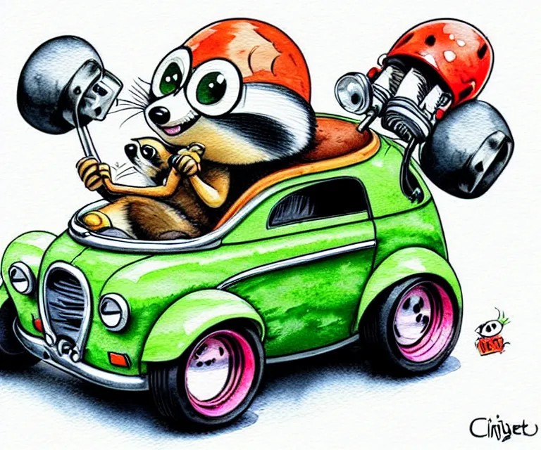 Image similar to cute and funny, racoon wearing a helmet riding in a tiny miniature little hot rod coupe with oversized engine, ratfink style by ed roth, centered award winning watercolor pen illustration, isometric illustration by chihiro iwasaki, edited by range murata