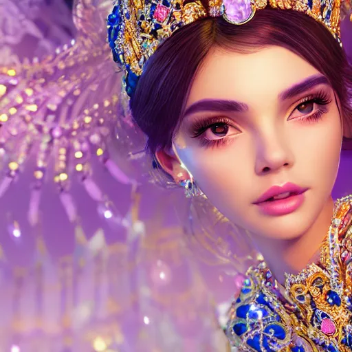 Prompt: portrait of pretty princess with perfect skin, glowing, ornate and intricate sapphire jewelry, jaw dropping beauty, glowing backdrop, white accent lighting, hyper detailed, 4 k octane render