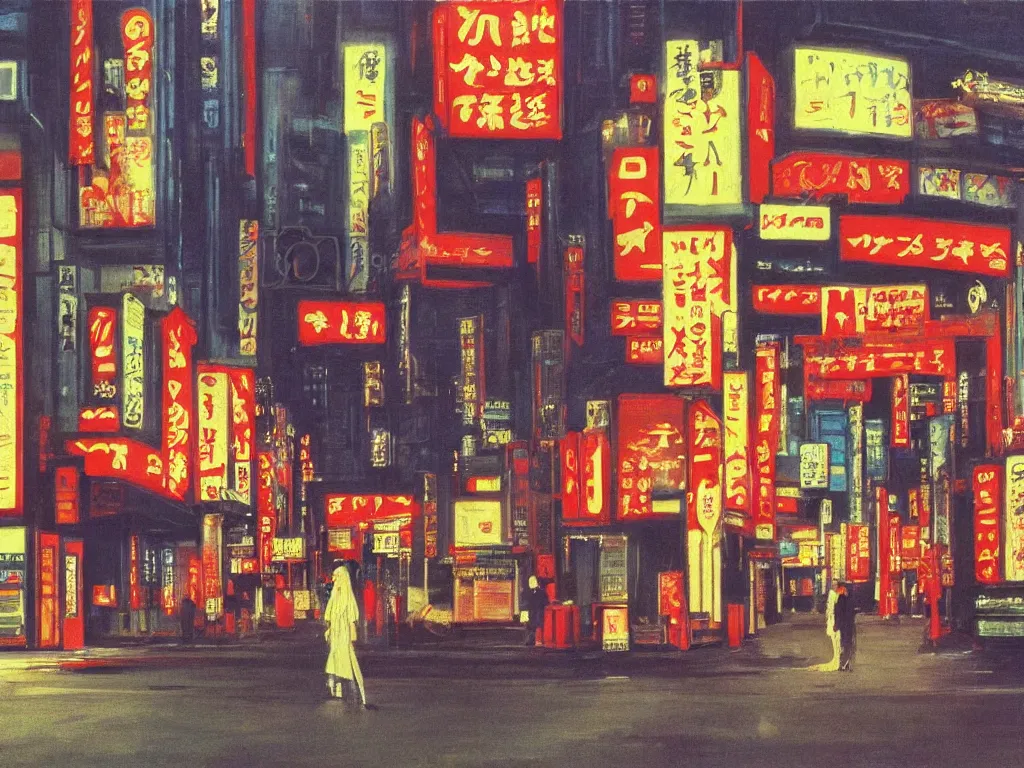 Prompt: streets of neo-tokyo, the shinning stanley kubrick, 70s, americana vibrant colors, dim, dark, lone silhouette in the distance, cinematic, 35mm levelled view, realistic detailed painting by edward hopper