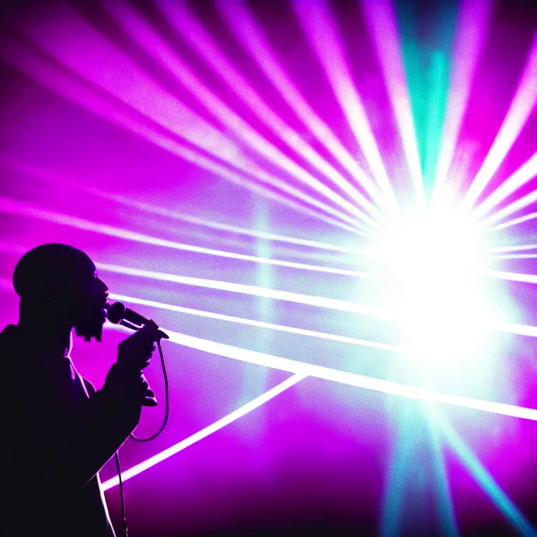 Prompt: rapping into microphone, epic angle, profile view, silhouetted, distinct, psychedelic hip-hop, laser light show, beams of light