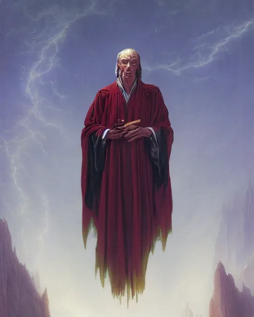 Image similar to A lawful good wizard, he wears robes. Award winning oil painting by Thomas Cole and Wayne Barlowe. Highly detailed