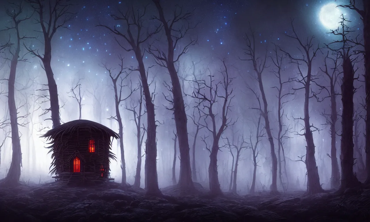 Prompt: Spooky hut in the middle of a misty dark spirit possessed forest, runes written on tree barks, night, starry sky, very detailed. by Moebius, John Harris, artstation, 4k, unreal engine 5